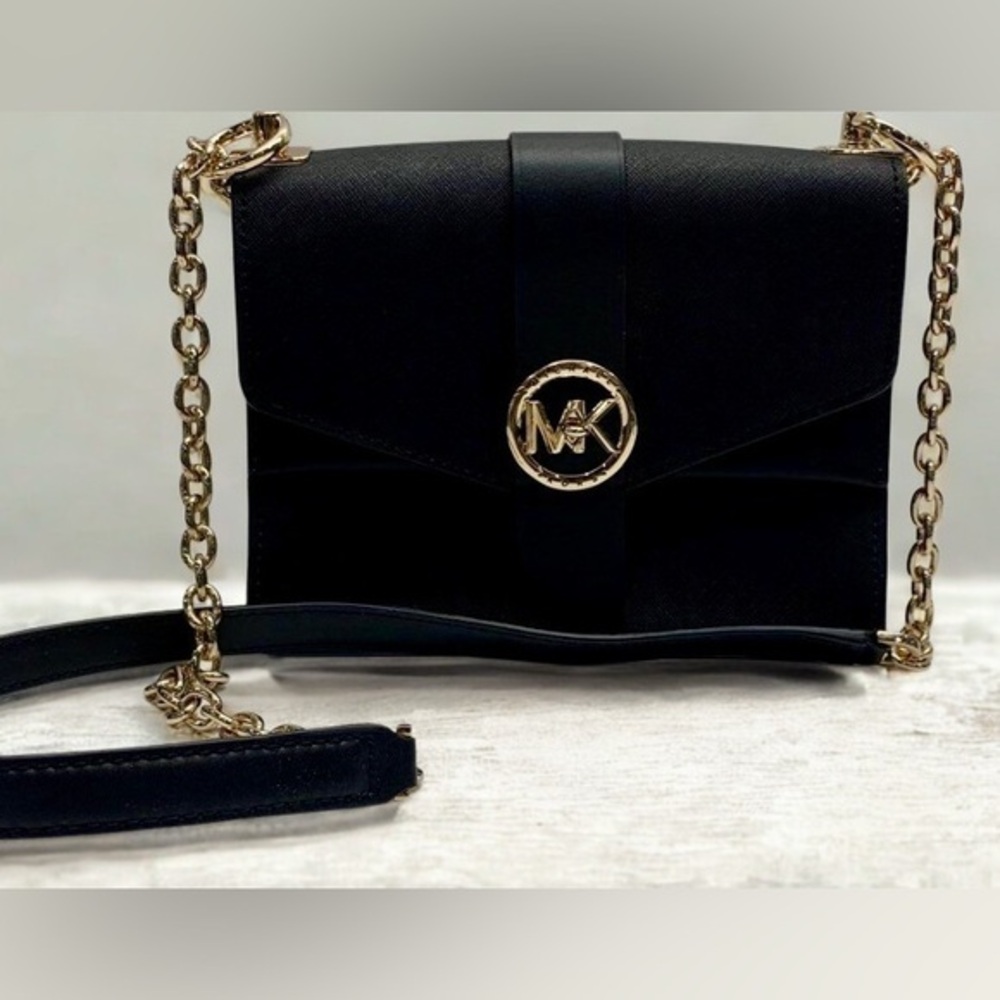 Micheal Kors Greenwich Crossbody-Black Leather & Gold Chain -MRSP $298